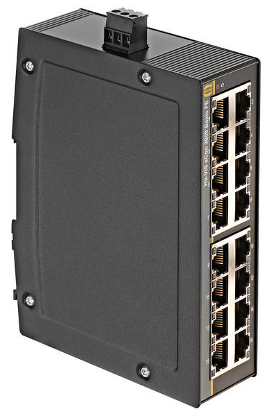 Ein Netzwerk-Switch mit mehreren Ethernet-Anschlüssen ist rechts dargestellt, verschwommene Zahl '33' links im Bild sichtbar.