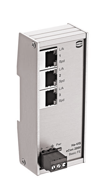 Metallschalter mit drei Ethernet-Anschlüssen, LEDs für Statusanzeige und Beschriftung 'Ha-VIS eCon 2000 Basic FE'.