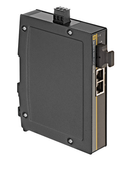 Industrie-Router in schwarzem Gehäuse mit zwei Ethernet-Anschlüssen und LED-Anzeigen für Status.
