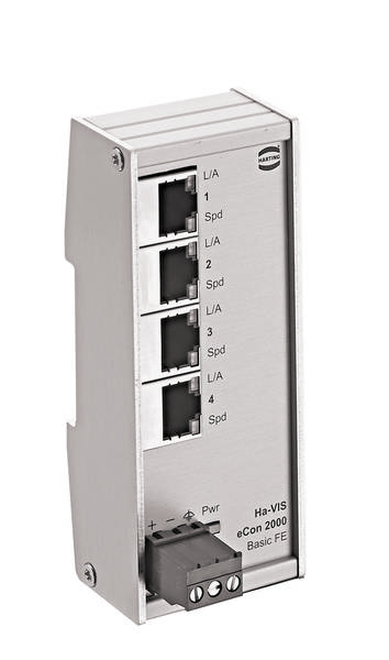 Ein industrieller Ethernet-Switch mit vier LAN-Anschlüssen. Beschriftet mit 'Ha-VIS eCon 2000 Basic FE', bietet Datenverbindungsmöglichkeit.
