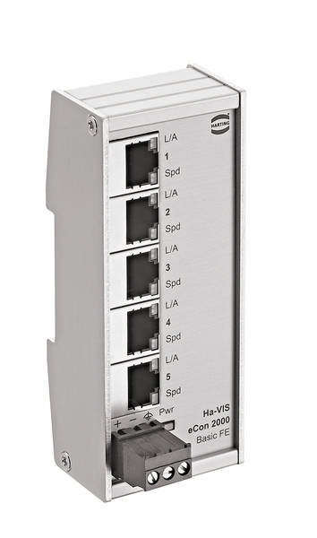 'Ha-VIS eCon 2000 Basic FE': Ein Netzwerk-Switch mit fünf Ethernet-Ports und Statusanzeigen. Ideal für industrielle Anwendungen.