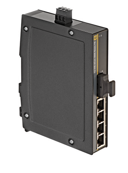 Ein schwarzer Industrie-Switch mit fünf Ethernet-Ports und Wandmontageoption, geeignet für robuste Netzwerkinstallationen.