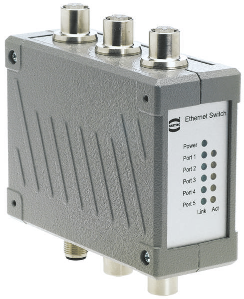 Ein Ethernet-Switch mit fünf Ports und LED-Anzeigen für Strom und Aktivität.