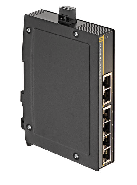 Ein schwarzer industrieller Ethernet-Switch mit mehreren Netzwerkanschlüssen, geeignet für robuste Anwendungen und industrielle Umgebungen.
