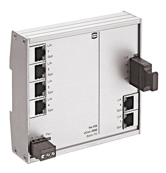 Metallischer Netzwerk-Switch mit mehreren Ethernet-Anschlüssen und LED-Statusanzeigen an der Seite.