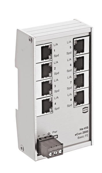 'Ha-VIS eCon 2000 Basic FE' Netzwerkschalter mit acht Ethernet-Ports, LED-Anzeigen für Verbindung und Geschwindigkeit; Hersteller: HARTING.