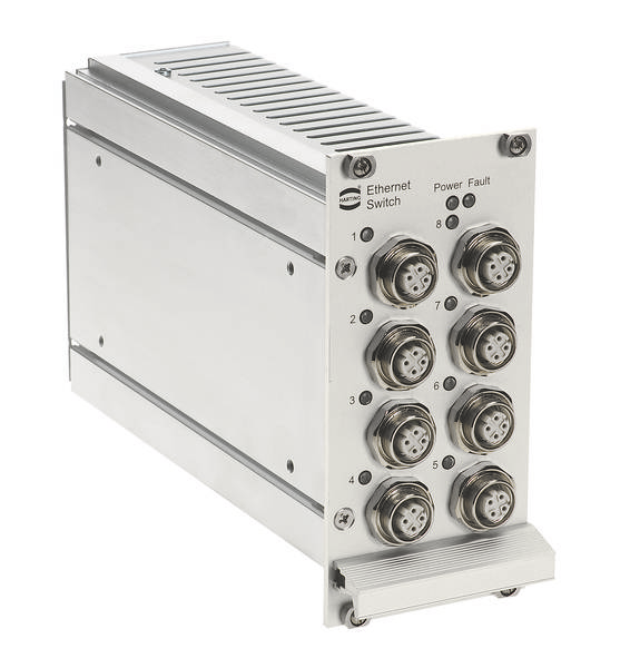 Industrie-Ethernet-Switch mit acht Rundsteckverbindern, Aluminiumgehäuse. Anzeigen für Strom- und Netzwerkausfall.