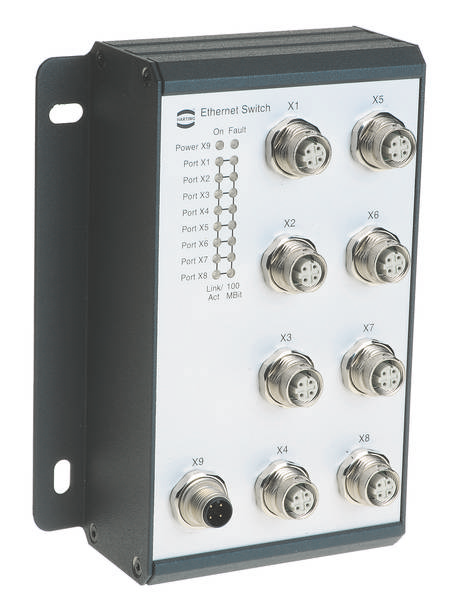 Industrie-Ethernet-Switch mit acht Anschlüssen für Netzwerkkabel, geeignet für industrielle Umgebungen, robustes Design.