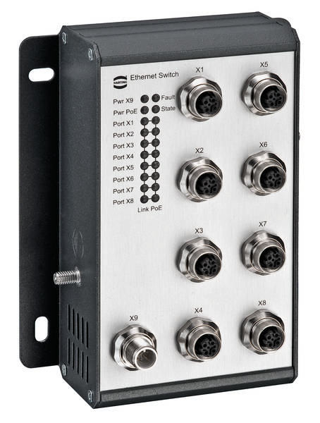Industrieller Ethernet-Switch mit 9 Ports, robustes Design für raue Umgebungen.