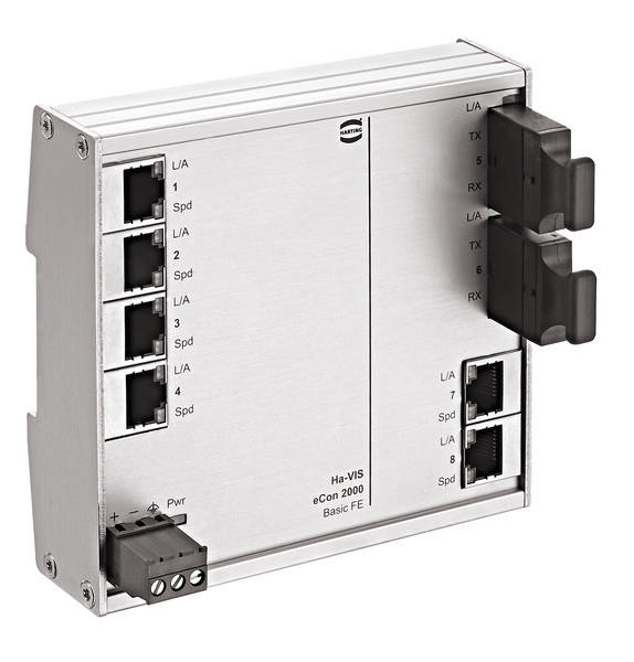 Ein silberner Netzwerkswitch mit mehreren Ethernet-Ports und LED-Anzeigen. Rechts befinden sich zusätzliche Ports für Verbindungen.