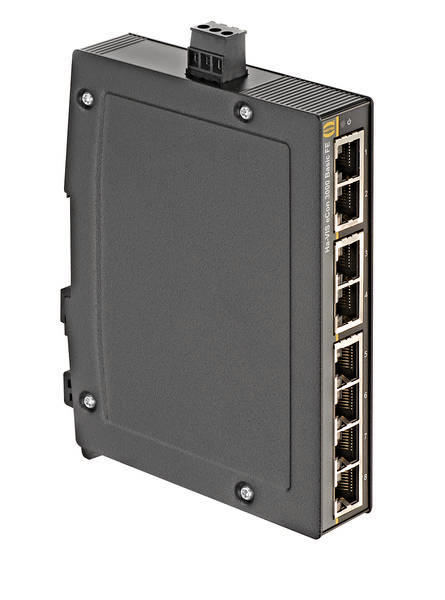 Ein schwarzer industrieller Ethernet-Switch mit mehreren Ethernet-Ports an der Seite, zur Montage in Schaltschränken geeignet.