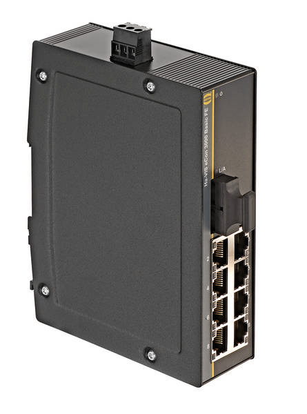 Ein Ethernet-Switch mit acht Netzwerkanschlüssen, montiert in einem industriellen Gehäuse.