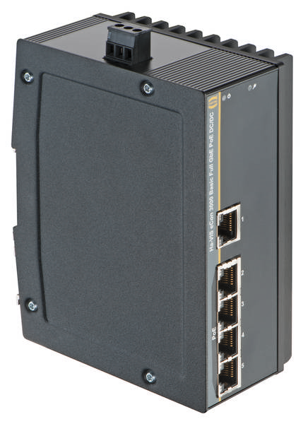 Ein schwarzer Netzwerk-Switch mit vier Ethernet-Ports und eine Strombuchse, geeignet für industrielle Anwendungen.