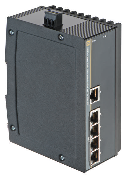 Ein industrieller Netzwerk-Switch mit vier Ethernet-Ports, geeignet für robuste Umgebungen. Kompaktes Design und wandmontierbar.