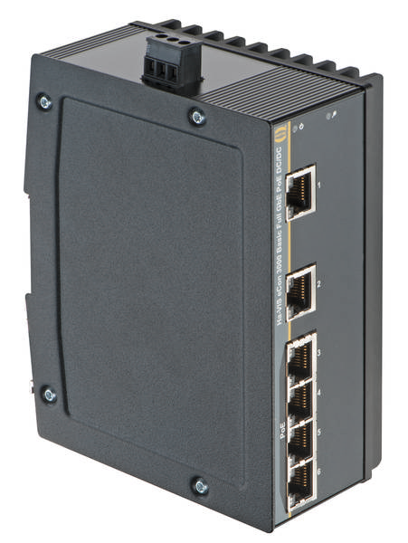 Industrieller Ethernet-Switch mit fünf RJ-45-Ports, geeignet für stabile Netzwerkverbindungen in rauen Umgebungen.