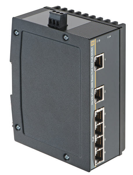 Ein schwarzer Netzwerk-Switch mit fünf Ethernet-Ports auf der rechten Seite. Ruggedes Design für industrielle Anwendungen.
