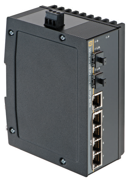 Ein industrieller Ethernet-Switch mit fünf RJ45-Ports und zwei Glasfaseranschlüssen, zur robusten Netzwerkverbindung genutzt.