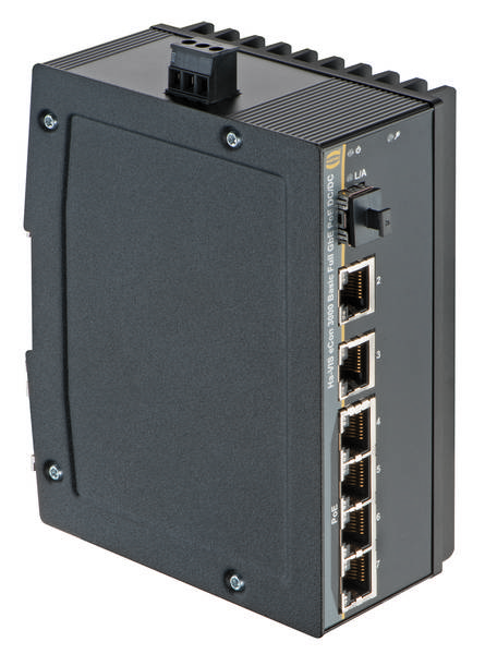 Ein graues Netzwerkgerät mit fünf Ethernet-Ports auf der Vorderseite. Oben befinden sich ein Stromanschluss und Statusanzeigen.