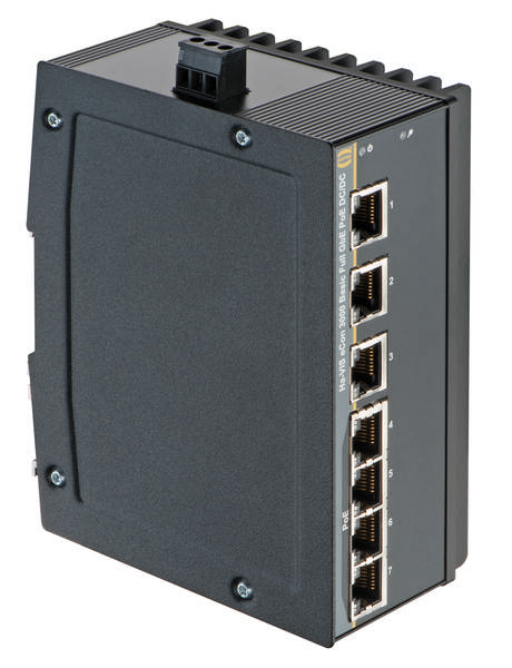 Schwarzer Netzwerkswitch mit fünf Ethernet-Ports an der rechten Seite. Oberer Anschluss verfügt über eine Abdeckung.