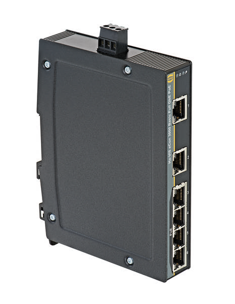 Ein schwarzer Netzwerk-Switch mit mehreren Ethernet-Ports an der Seite.