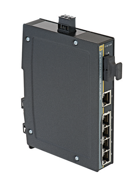 Ein schwarzer Netzwerk-Switch mit vier Ethernet-Ports und LED-Anzeigen an der Seite, montierbar an der Wand.