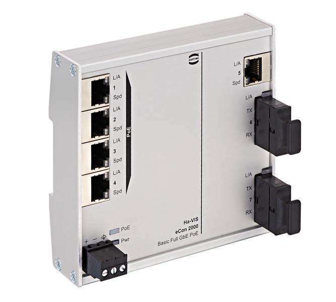 Industrie-Switch, silberfarben, mit fünf Ethernet-Ports und LED-Anzeigen für Power und Link-Status, unterstützt PoE-Technologie.