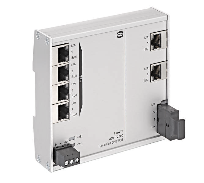 Ein weißer PoE-Netzwerk-Switch mit mehreren Ethernet-Anschlüssen, einer Status-LED-Anzeige und der Beschriftung 'eCon 2000 Basic Full GbE PoE'.