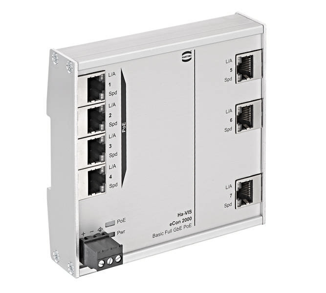 Ein weißer Netzwerk-Switch mit mehreren Ethernet-Ports, beschriftet als 'Ha-VIS eCon 2000', bietet Gigabit-Ethernet und PoE-Unterstützung.