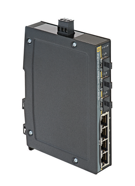 Ein schwarzer Industrial Ethernet Switch mit vier Ethernet-Ports und mehreren Steckverbindungen, geeignet für industrielle Netzwerkanwendungen.