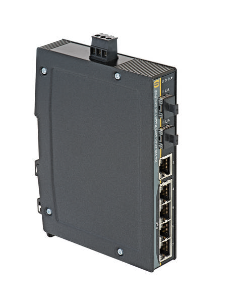 Ein schwarzer industrieller Ethernet-Switch mit fünf Ethernet-Ports und LED-Anzeigen für Status und Aktivität.