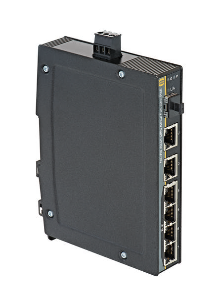 Ein schwarzer Netzwerk-Switch mit mehreren Ethernet-Ports, geeignet für industrielle Anwendungen. Er zeigt LEDs und Anschlüsse an der Vorderseite.