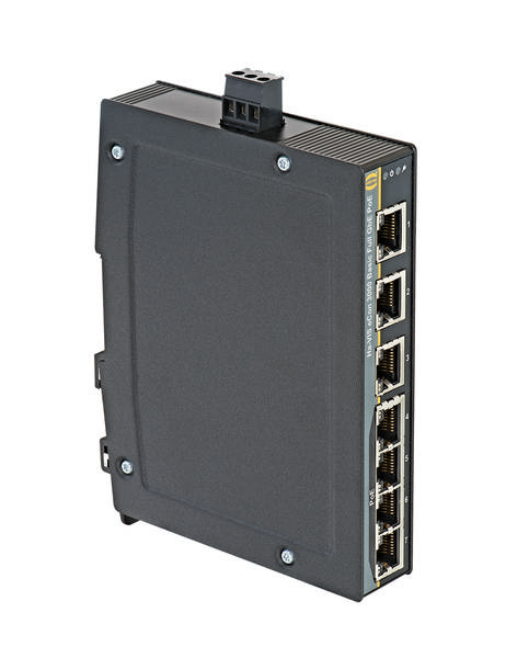 Ein schwarzes, kompaktes Netzwerkgerät mit mehreren Ethernet-Anschlüssen an der Seite.