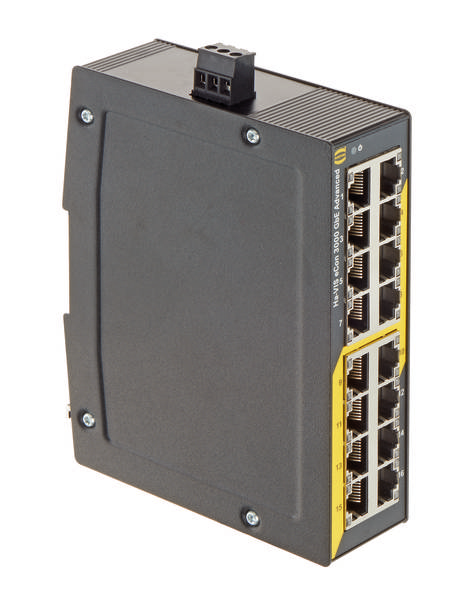 Industrieller Ethernet-Switch mit 12 Ports und robustem Gehäuse, geeignet für raue Umgebungen und kritische Netzwerkverbindungen.