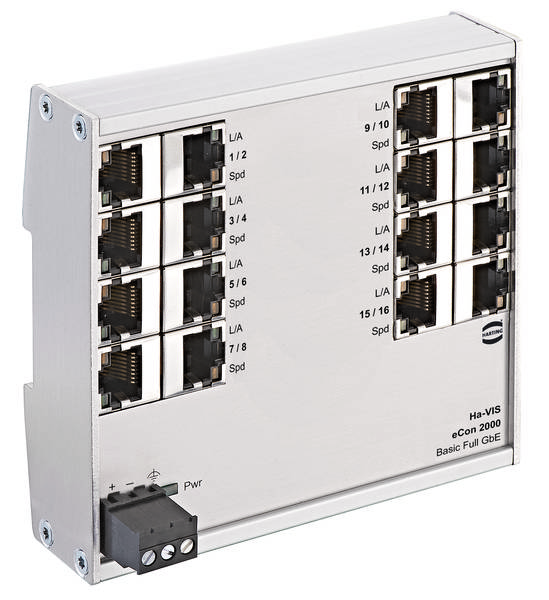 Ein Ethernet-Switch der Serie Ha-VIS eCon 2000 mit 16 RJ-45-Anschlüssen, zur Netzwerkverbindung. Etikett zeigt 'Basic Full GbE'.