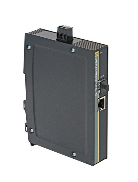 Schwarzes, rechteckiges elektronisches Gerät mit Ethernet-Anschluss, montierbar. Wahrscheinlich ein industrieller Netzwerk-Switch.