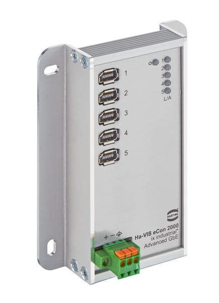 Industrieller Ethernet-Switch mit fünf USB-Anschlüssen und LED-Anzeigen. Modell Ha-VIS eCon 2000, zur Wandmontage geeignet.
