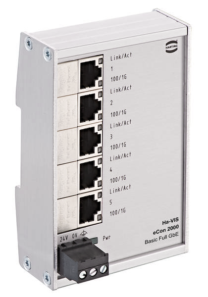 Ein Ethernet-Switch mit fünf RJ45-Ports und Statusanzeigen. Aufschrift: Ha-VIS eCon 2000 Basic Full GbE.