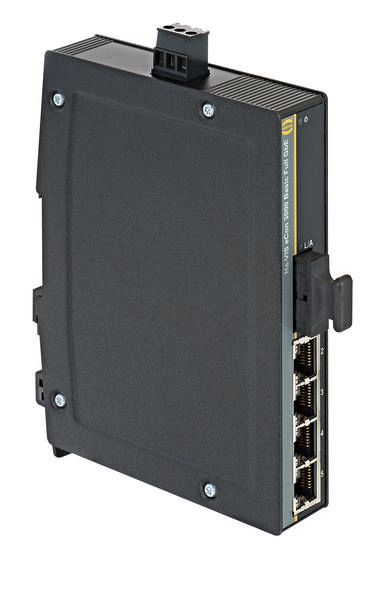Industrie-Ethernet-Switch mit fünf RJ45-Anschlüssen, montiert auf Hutschiene; dient zur Netzwerkverbindung in industriellen Umgebungen.