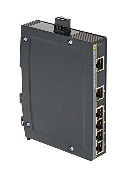 Ein schwarzer industrieller Ethernet-Switch mit fünf Ethernet-Ports und zwei Glasfaser-Ports, montierbar auf Hutschiene.