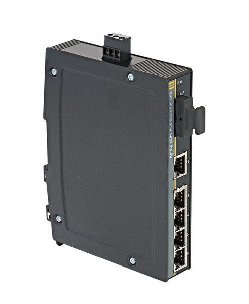 Ein schwarzer, rechteckiger Netzwerk-Switch mit fünf Ethernet-Ports und einem seitlichen USB-Anschluss.