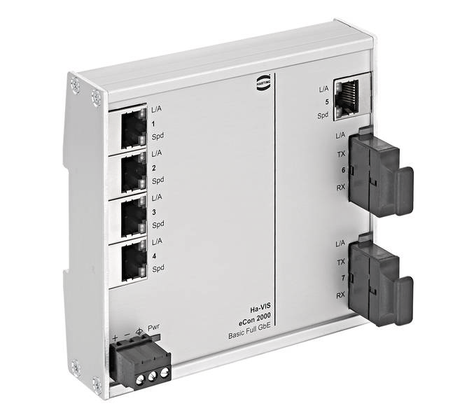 Ein Netzwerk-Switch mit mehreren Ethernet-Anschlüssen und LED-Anzeigen. Gerät ist weiß und steht aufrecht. Verbindungen möglich.