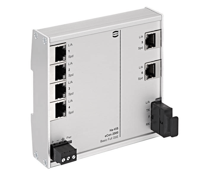 Ein silberner Netzwerk-Switch mit mehreren Ethernet-Ports sowie einem Stromanschluss. Links vier Ports, rechts zwei Ports erkennbar.