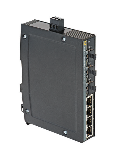 Ein schwarzer, rechteckiger Netzwerkswitch mit mehreren Ethernet-Anschlüssen und Statusleuchten an der Seite.
