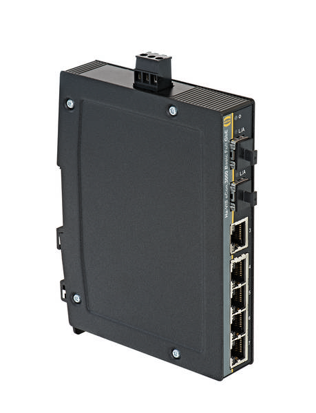 Industrieller Ethernet-Switch mit mehreren Netzwerkanschlüssen, geeignet für robuste Umgebungen. Enthält fünf Ethernet-Ports.