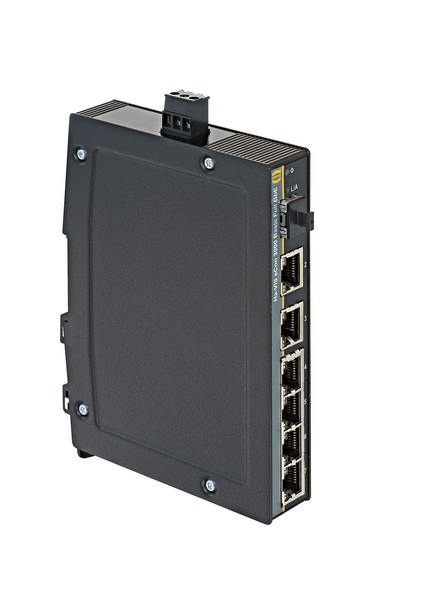 Ein schwarzer Industrieller Ethernet-Switch mit fünf Ethernet-Ports und sichtbarem Anschluss oben, für Netzwerkverbindungen.