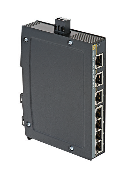 Schwarzer Ethernet-Switch mit acht Ports und Schraubanschlüssen, montierbar an Wänden, für industrielle Netzwerkanwendungen geeignet.