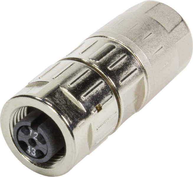 Ein silberner Stecker mit vier Löchern zur Verbindung elektrischer Geräte, Nahaufnahme.