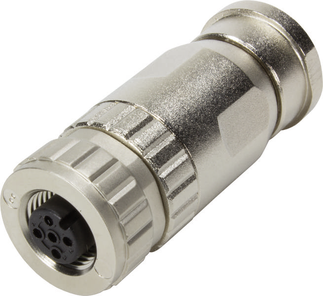 Ein metallischer Steckverbinder mit mehreren Pins, geeignet für industrielle Anwendungen. Er ist zylindrisch und robust gebaut.