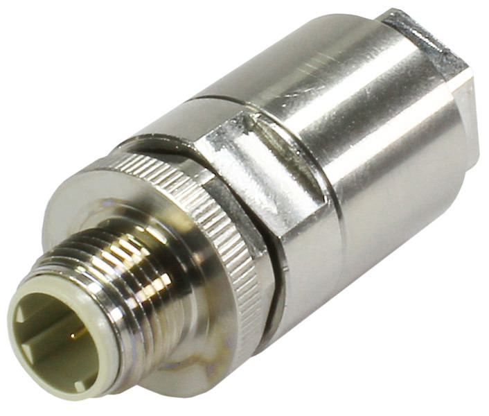 Metallischer Steckeradapter mit zylindrischer Form und gerändeltem Verschluss, geeignet für industrielle Anwendungen.