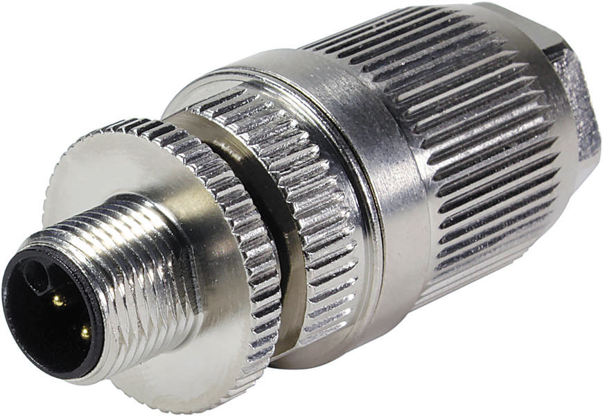 Metallischer Steckverbinder mit geriffelter Oberfläche, zylindrische Form und drei Kontaktstiften, für elektrische Verbindungen.